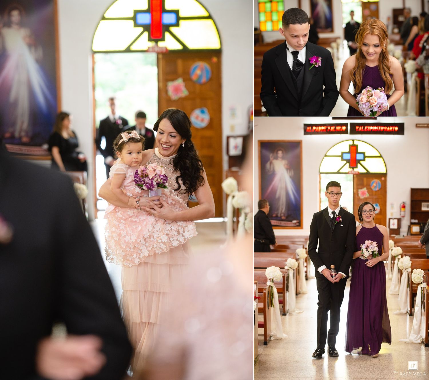 Wedding ceremony photos in a church featuring bridal party in purple and pink gowns, with a flower girl and stained glass windows.