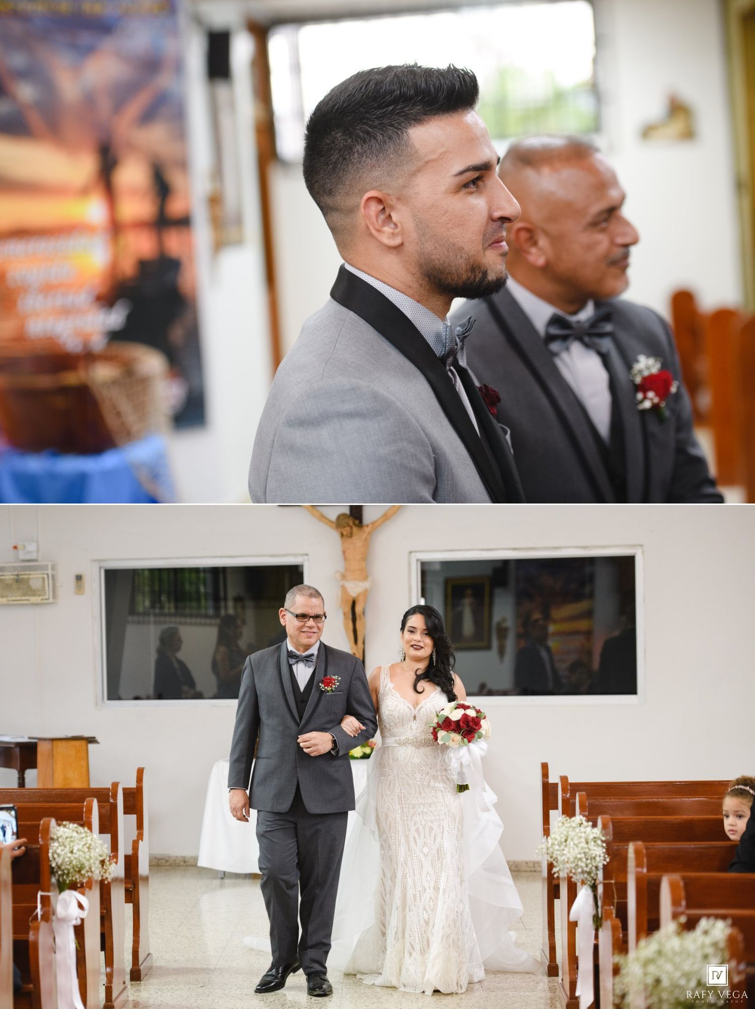 Groom watching bride walk down the aisle with her father in a Catholic church wedding ceremony.