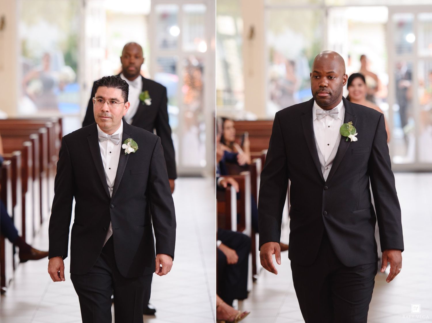 Groomsmen in black tuxedos walking down church aisle during wedding ceremony.