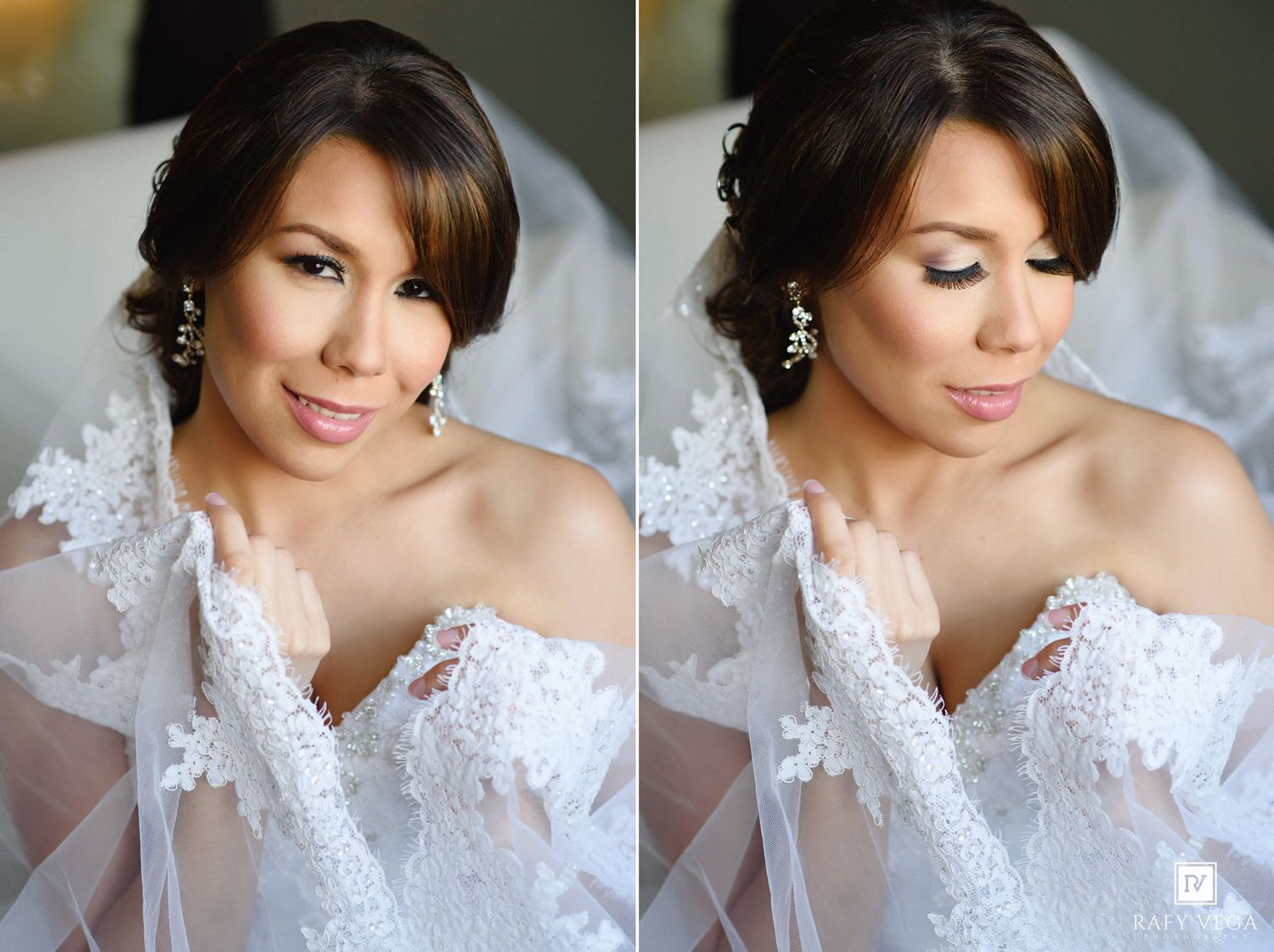 Elegant bride in lace wedding gown and veil with updo hairstyle and pearl earrings posing for bridal portrait.