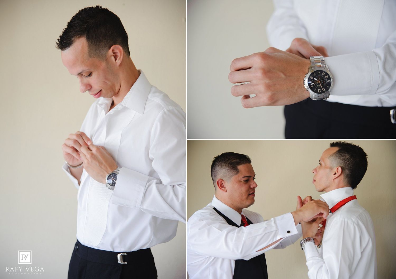 Groom in white dress shirt adjusting cufflinks and bow tie with groomsman help on wedding day.