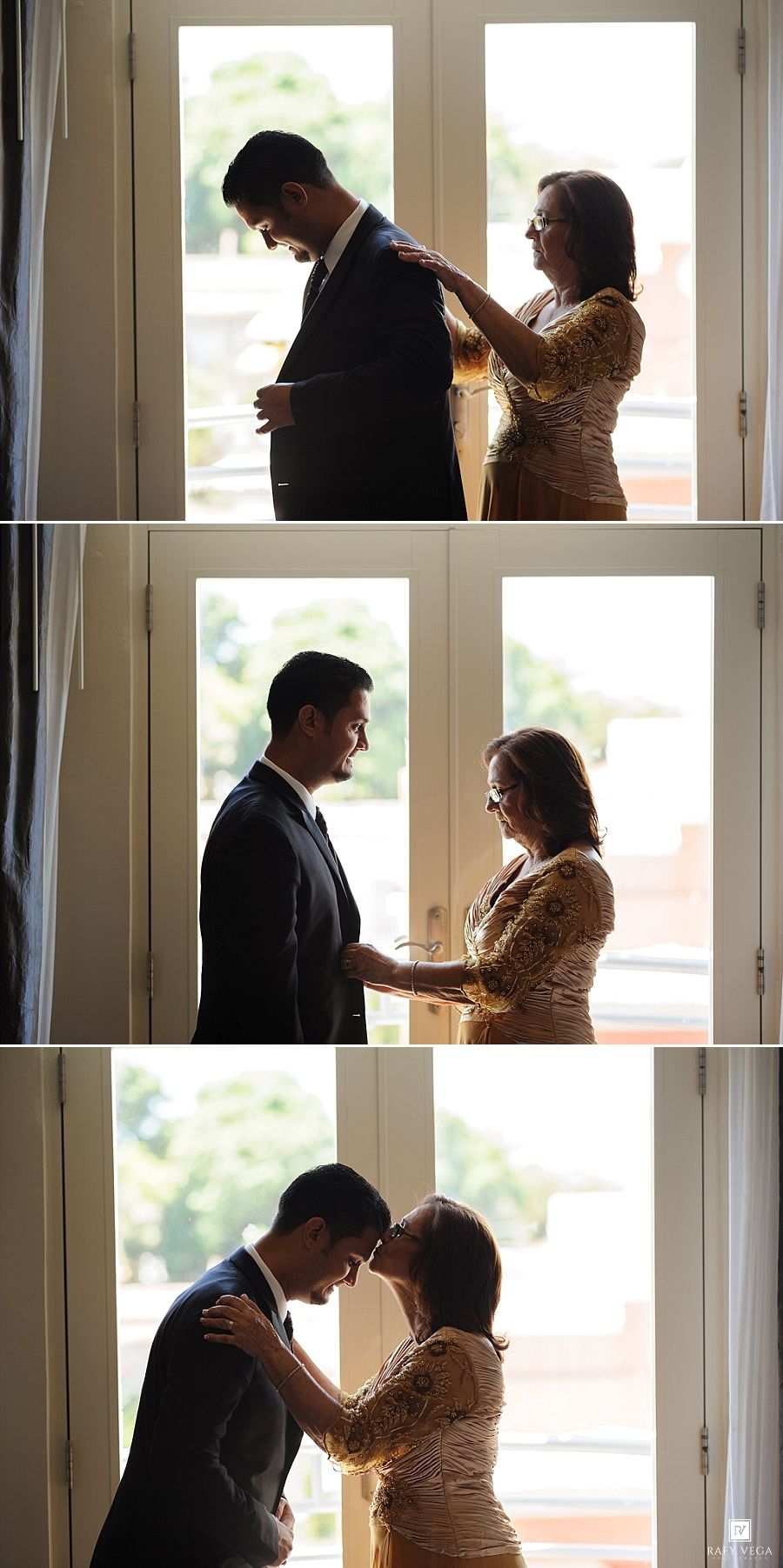 A groom in a dark suit gets ready with help from his mother in a bright windowed room in three tender moments.