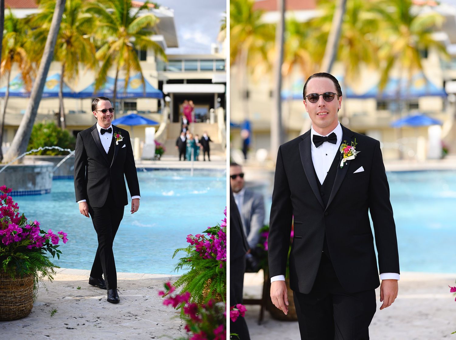 Groom in black tuxedo with floral boutonniere walking near tropical pool at outdoor wedding venue.