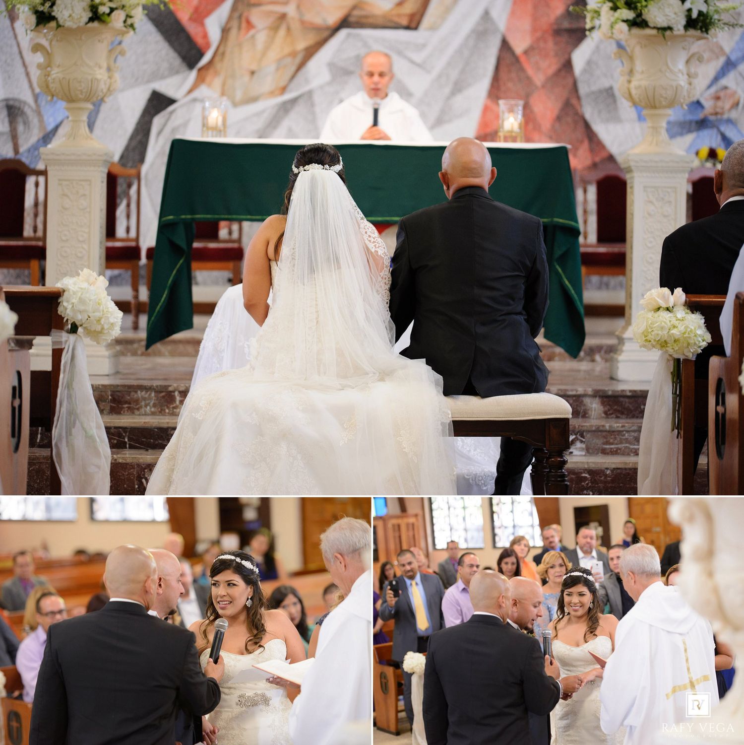 Bride and groom kneel at church altar during wedding ceremony with priest officiating.