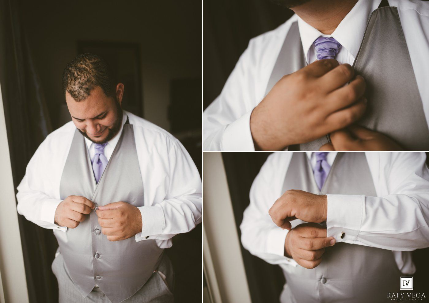 Groom in gray vest and purple tie adjusting his suit before wedding ceremony in a triptych photo collage.