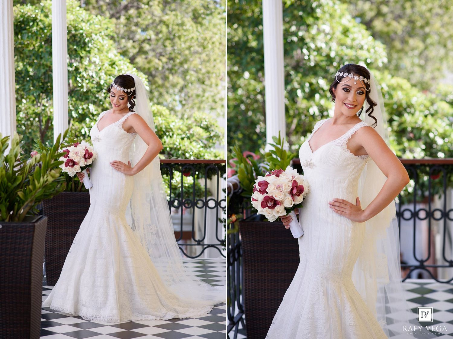 Bride in mermaid wedding gown holding bouquet poses on elegant porch surrounded by lush greenery.