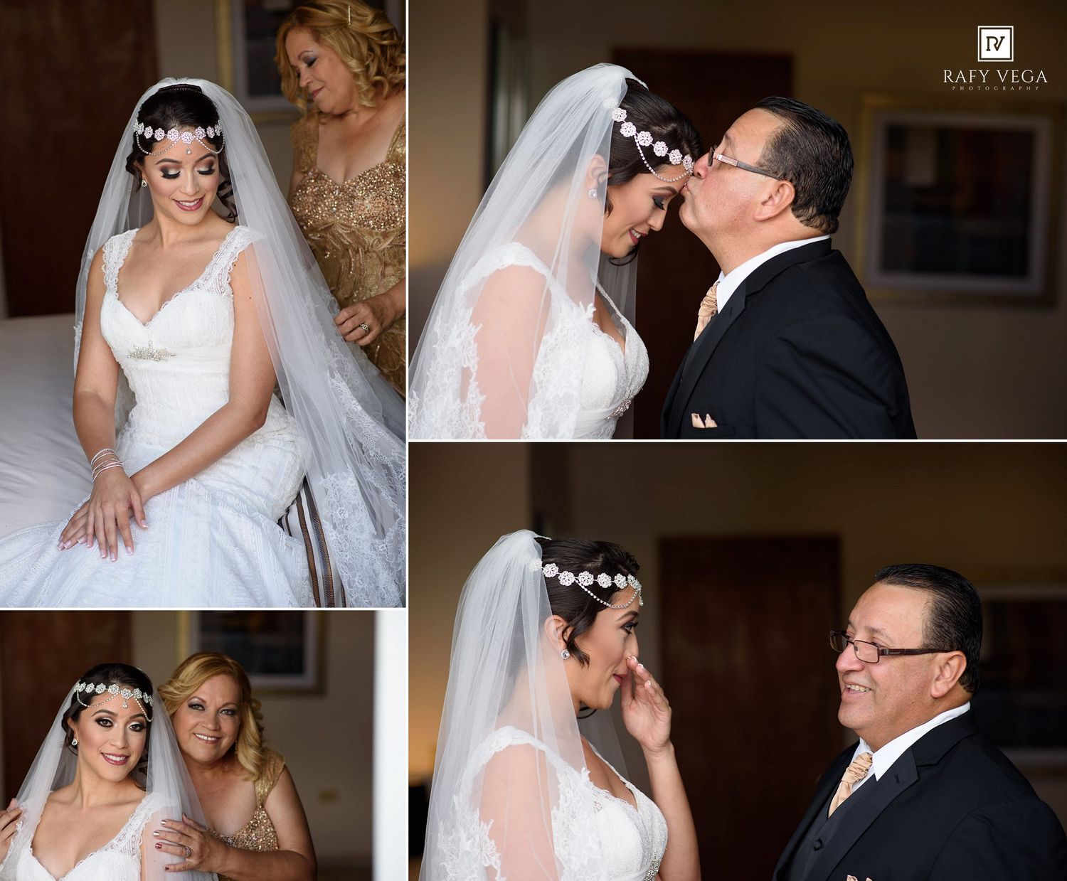 Bride in white gown and veil shares emotional moments with family before wedding ceremony.