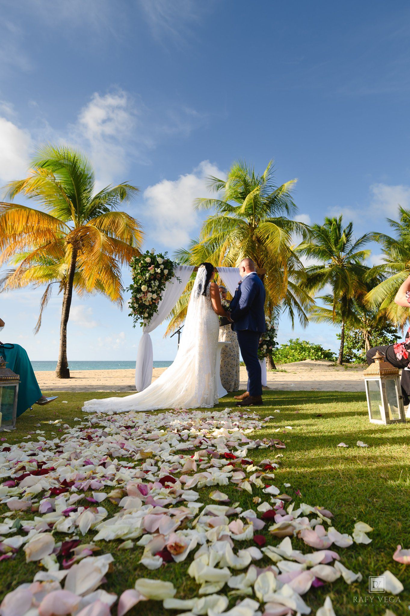 Tropical beach wedding ceremony with rose petal aisle, couple at floral arch, palm trees, and ocean backdrop.