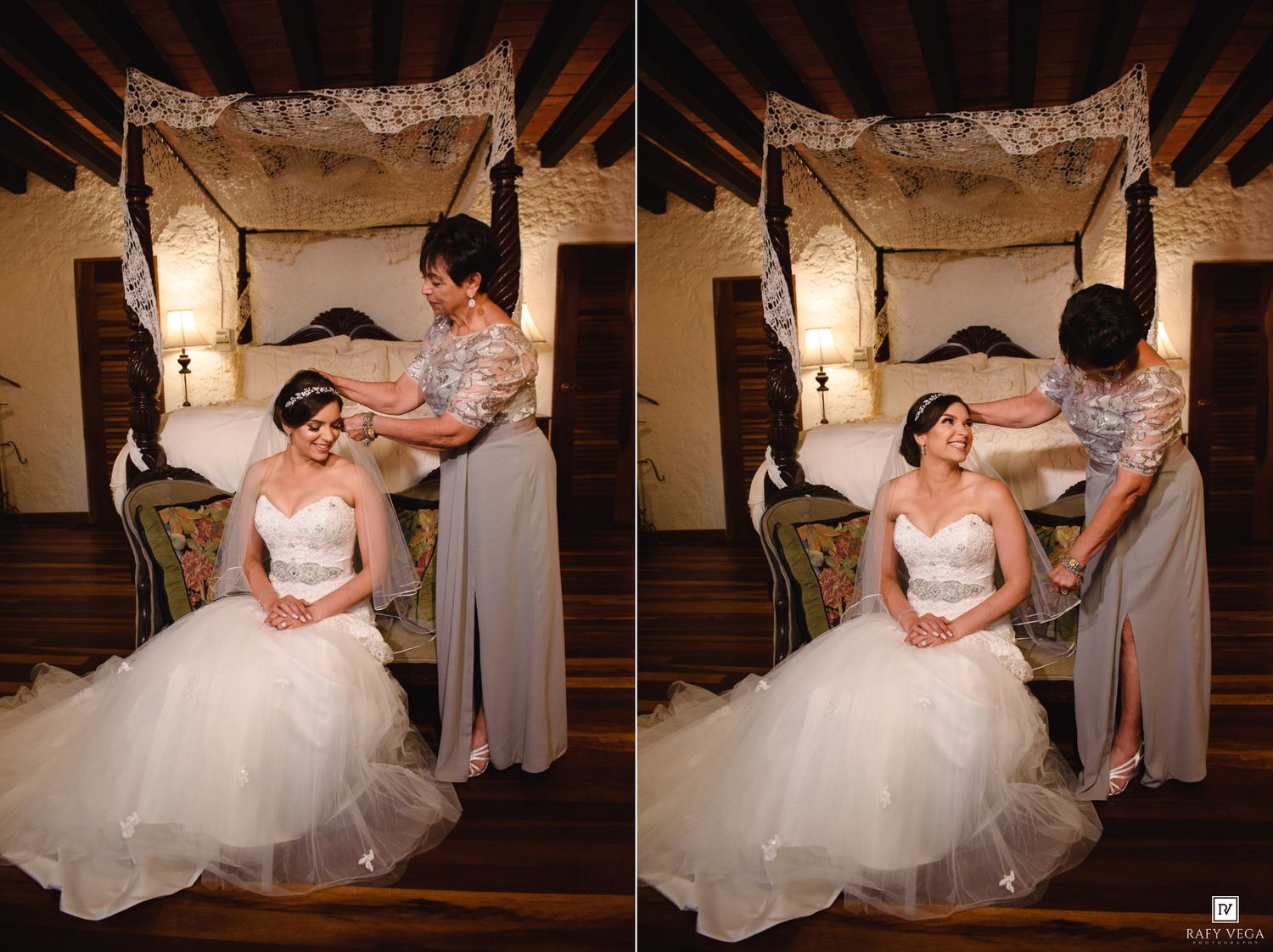 Bride in white lace gown seated while bridesmaid adjusts her hair in elegant rustic bedroom.