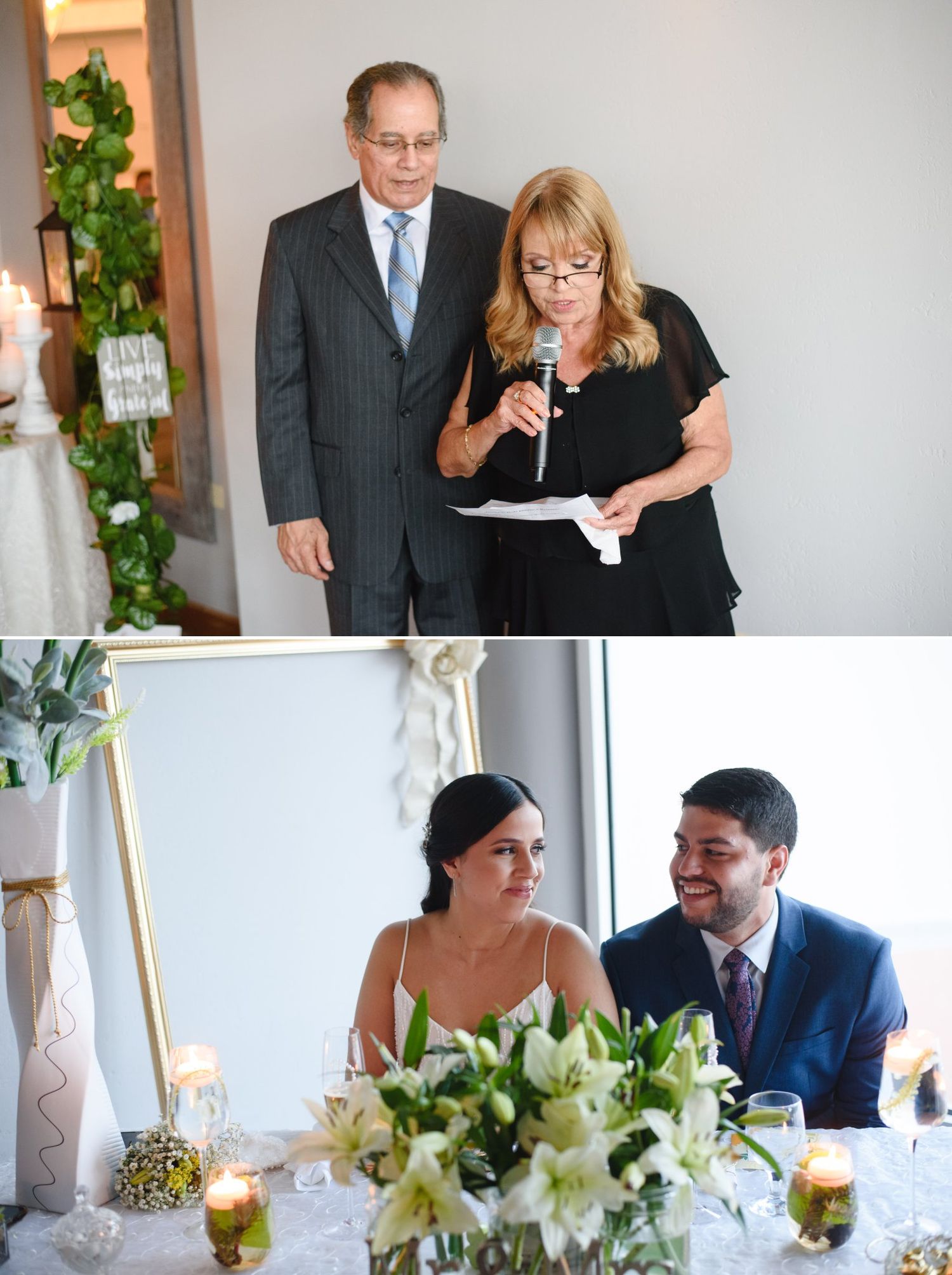 Older couple giving a wedding speech at a reception while the bride and groom smile and listen at their decorated table.