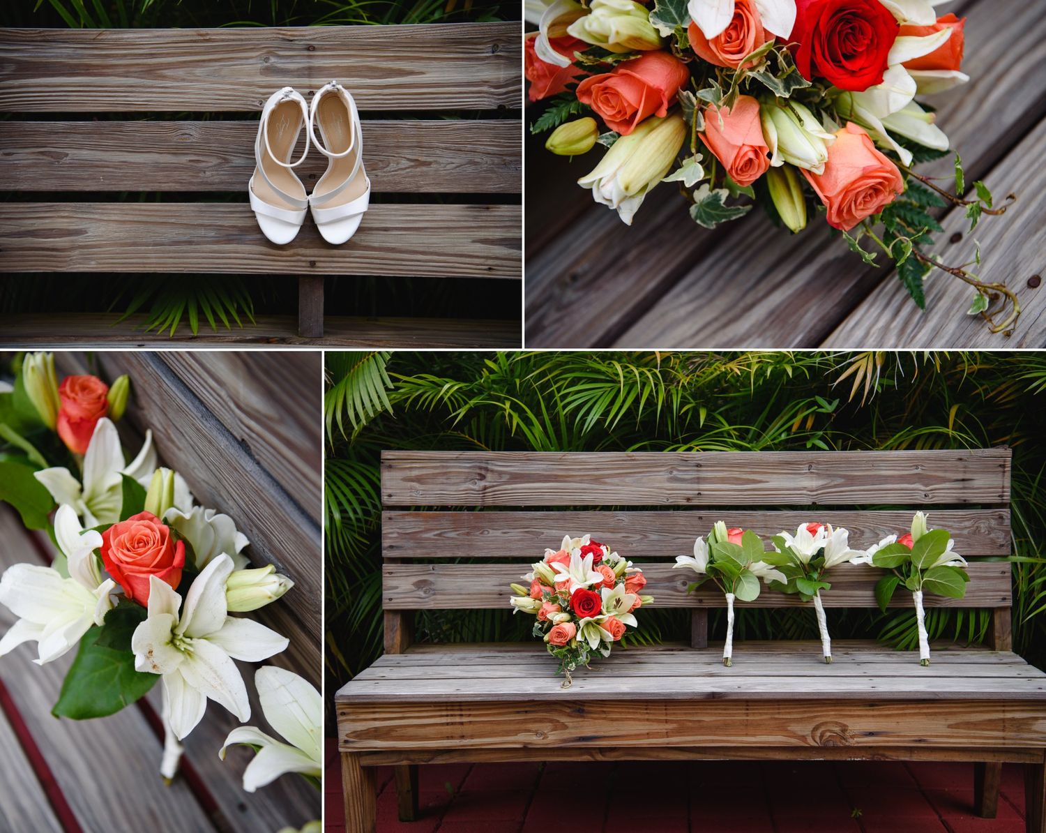 Elegant wedding details featuring white heels, red and orange rose bouquets, and white lilies arranged on a rustic wooden bench.
