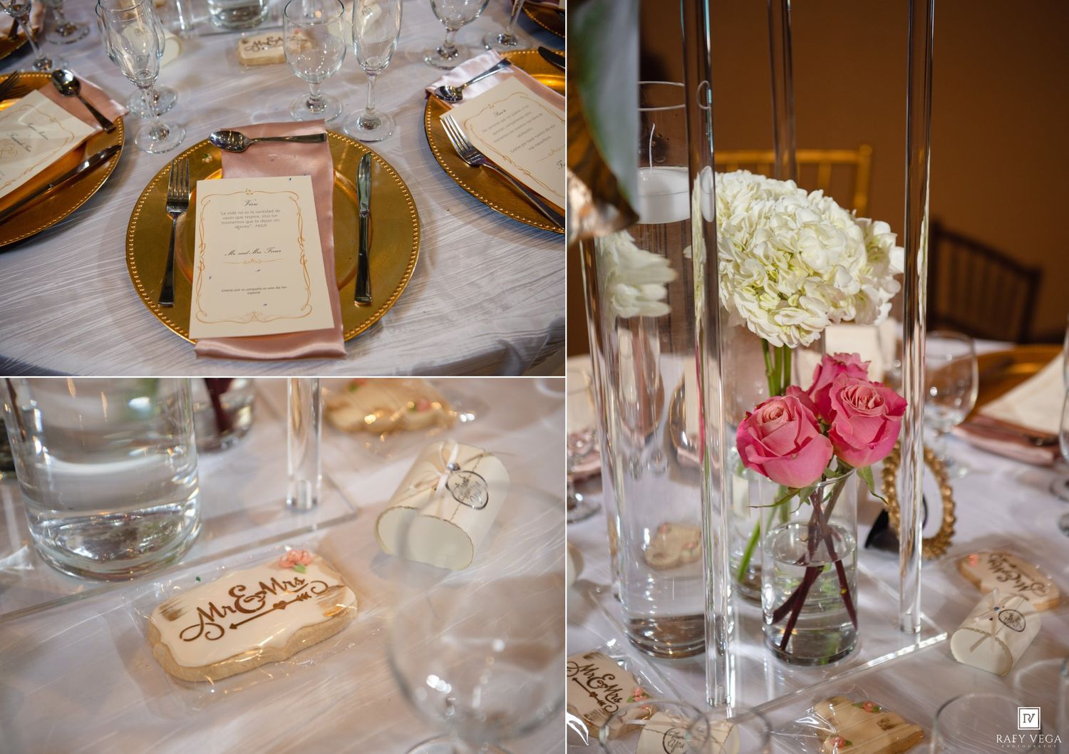Elegant wedding reception table with gold chargers, tall floral centerpieces, and rustic wooden signs.