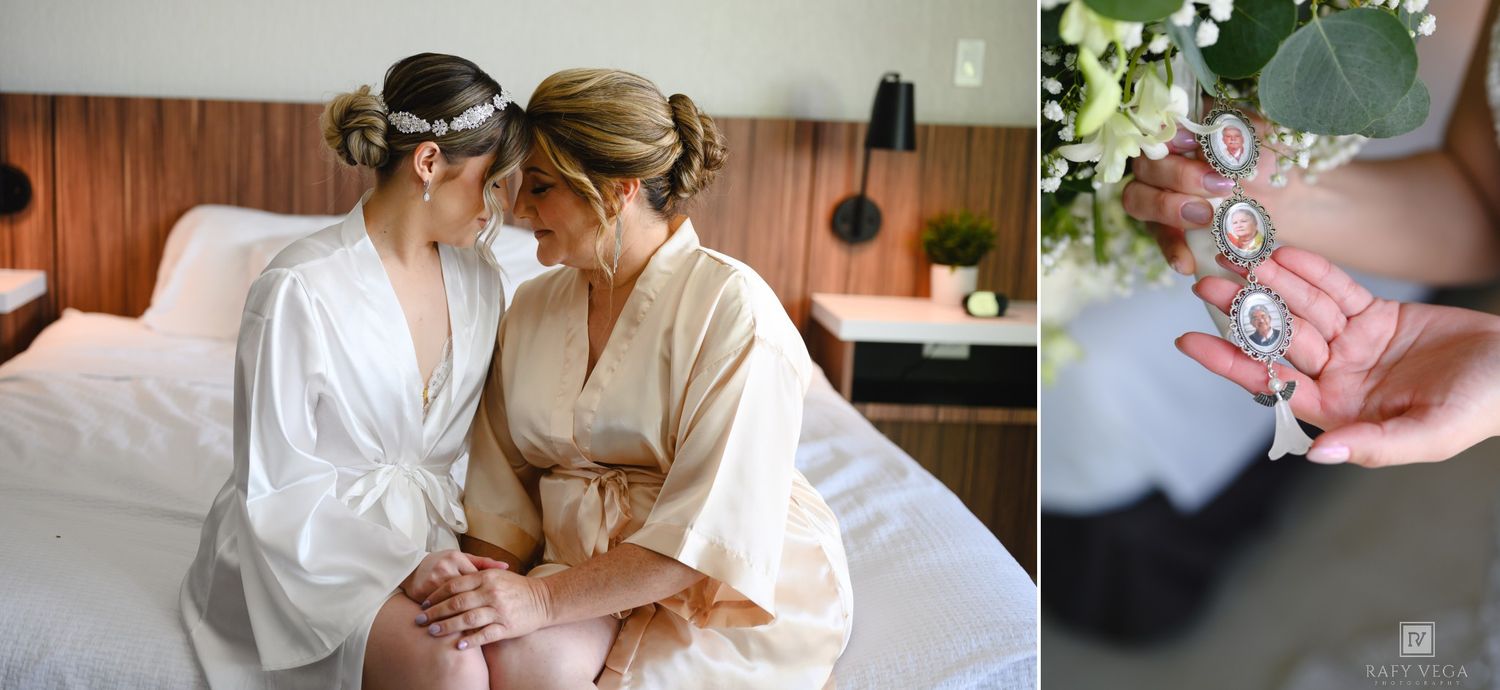 Two brides in silk robes share an intimate moment on a hotel bed, alongside a close-up of a floral bouquet charm.