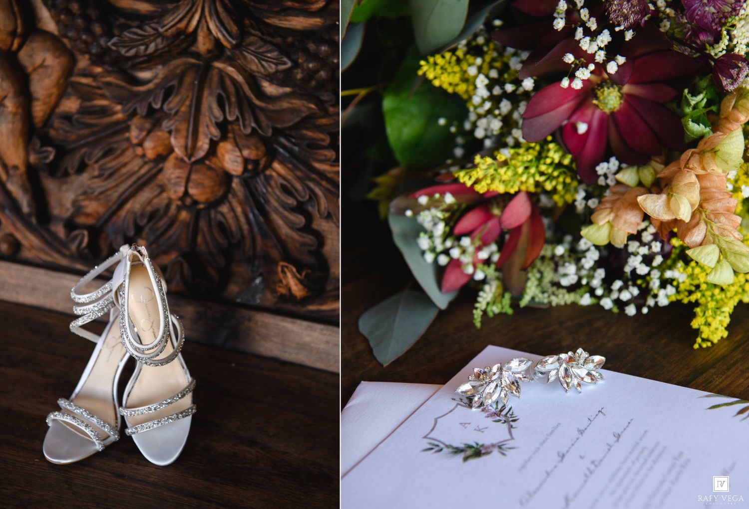 Silver strappy heels beside a colorful bridal bouquet with jewelry and wedding stationery on a wooden surface.