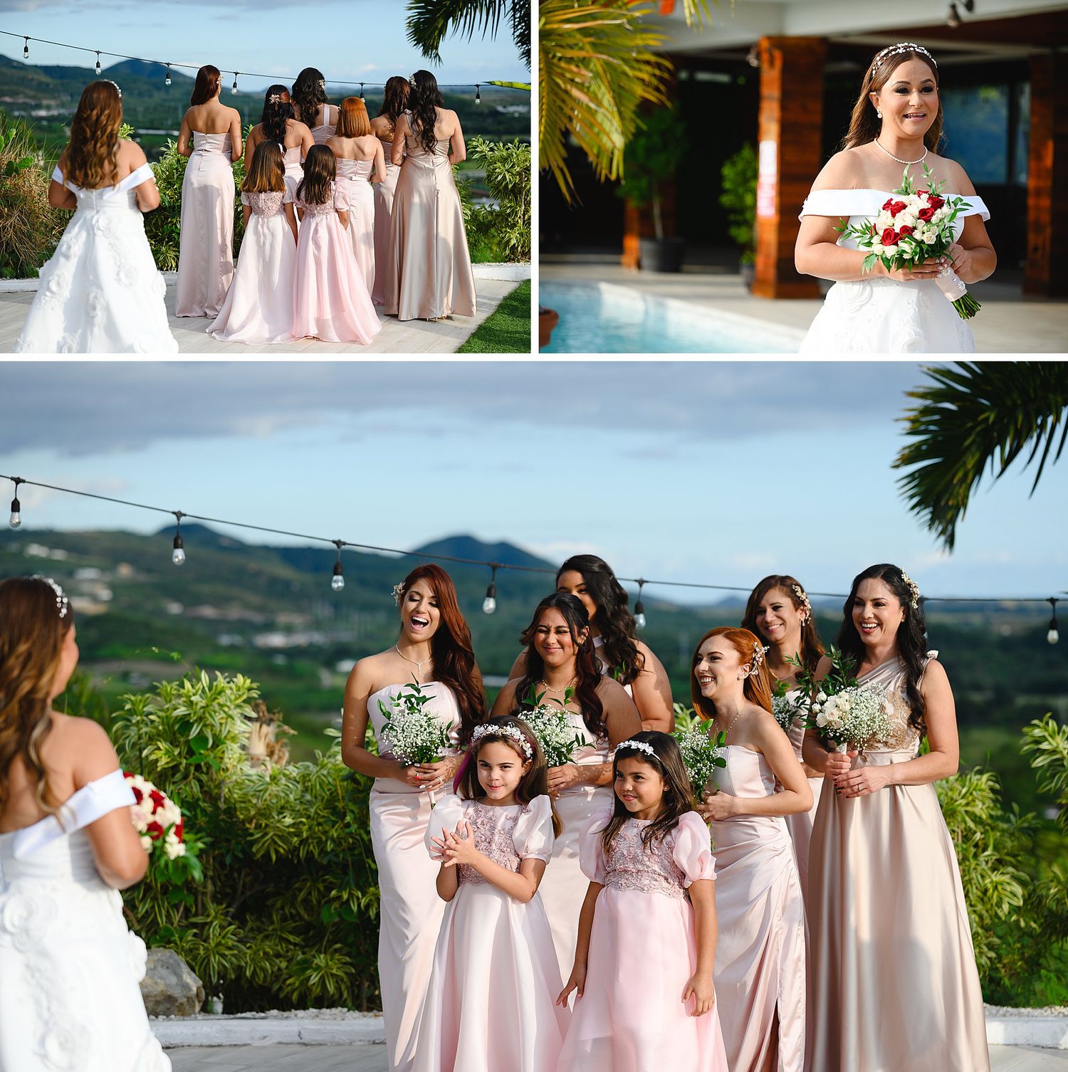 Bride and bridesmaids in pink dresses pose at an outdoor wedding venue with tropical views and string lights.