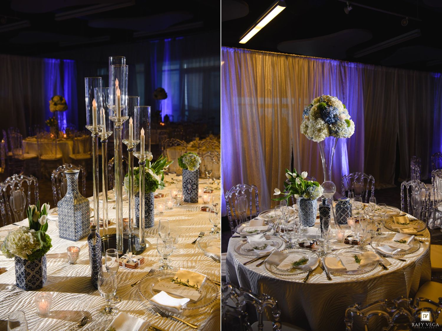 Elegant wedding reception tables with tall crystal candelabras, white floral centerpieces, and blue uplighting decor.