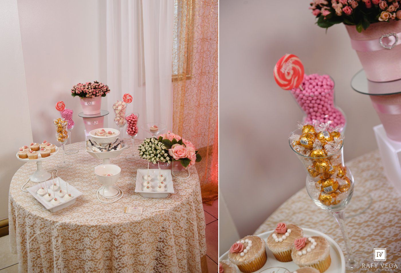 Elegant pink dessert table with lace tablecloth, cupcakes, lollipops, and candy-filled vases at a party.