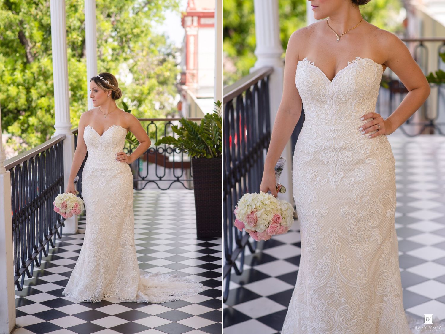 Bride in strapless lace mermaid wedding gown holding pink bouquet on checkered floor balcony.