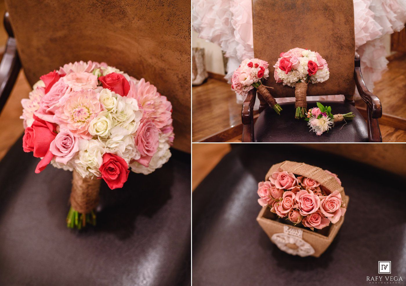 Pink and coral wedding bouquets with roses displayed on wooden chairs, wrapped with rustic twine accents.