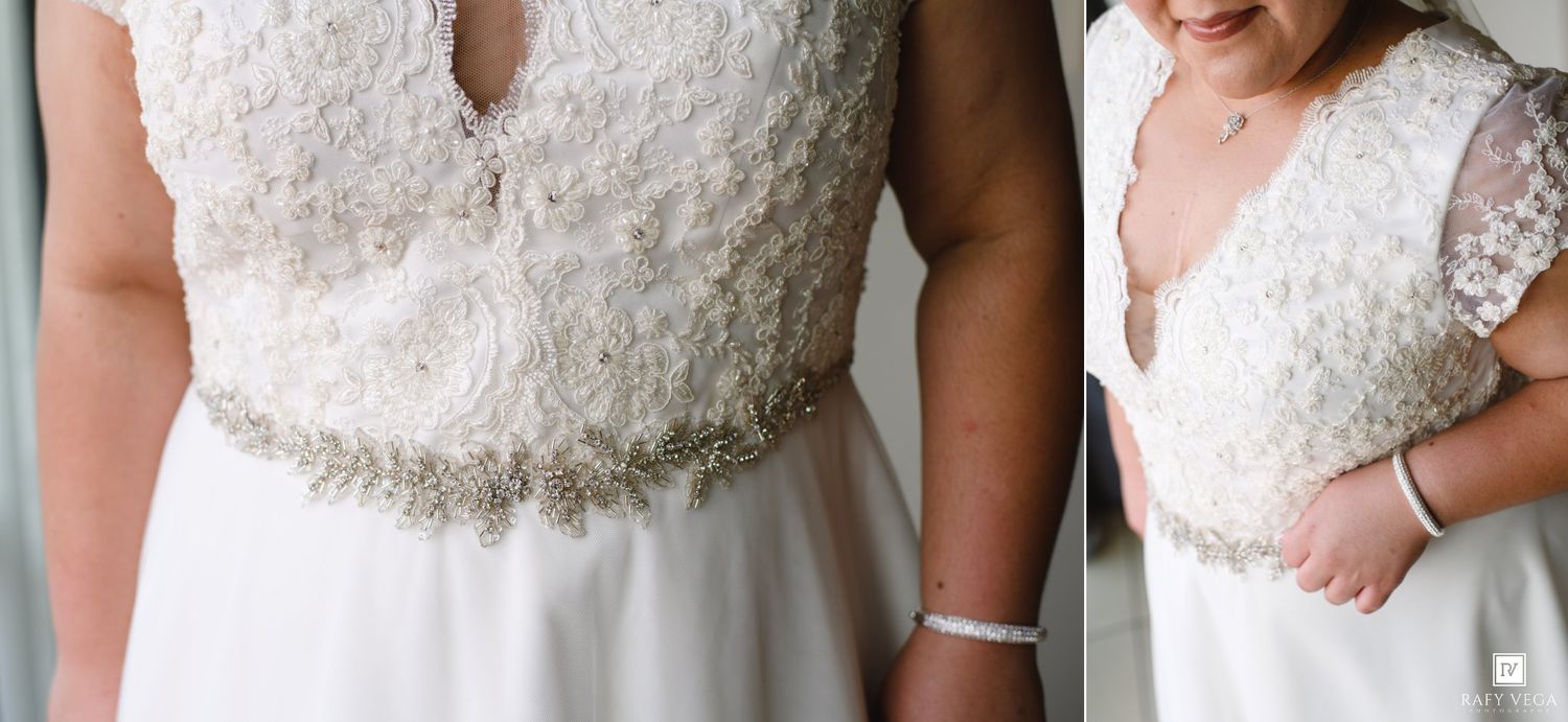 Bride wearing a white lace wedding gown with a beaded belt, shown from front and back views.