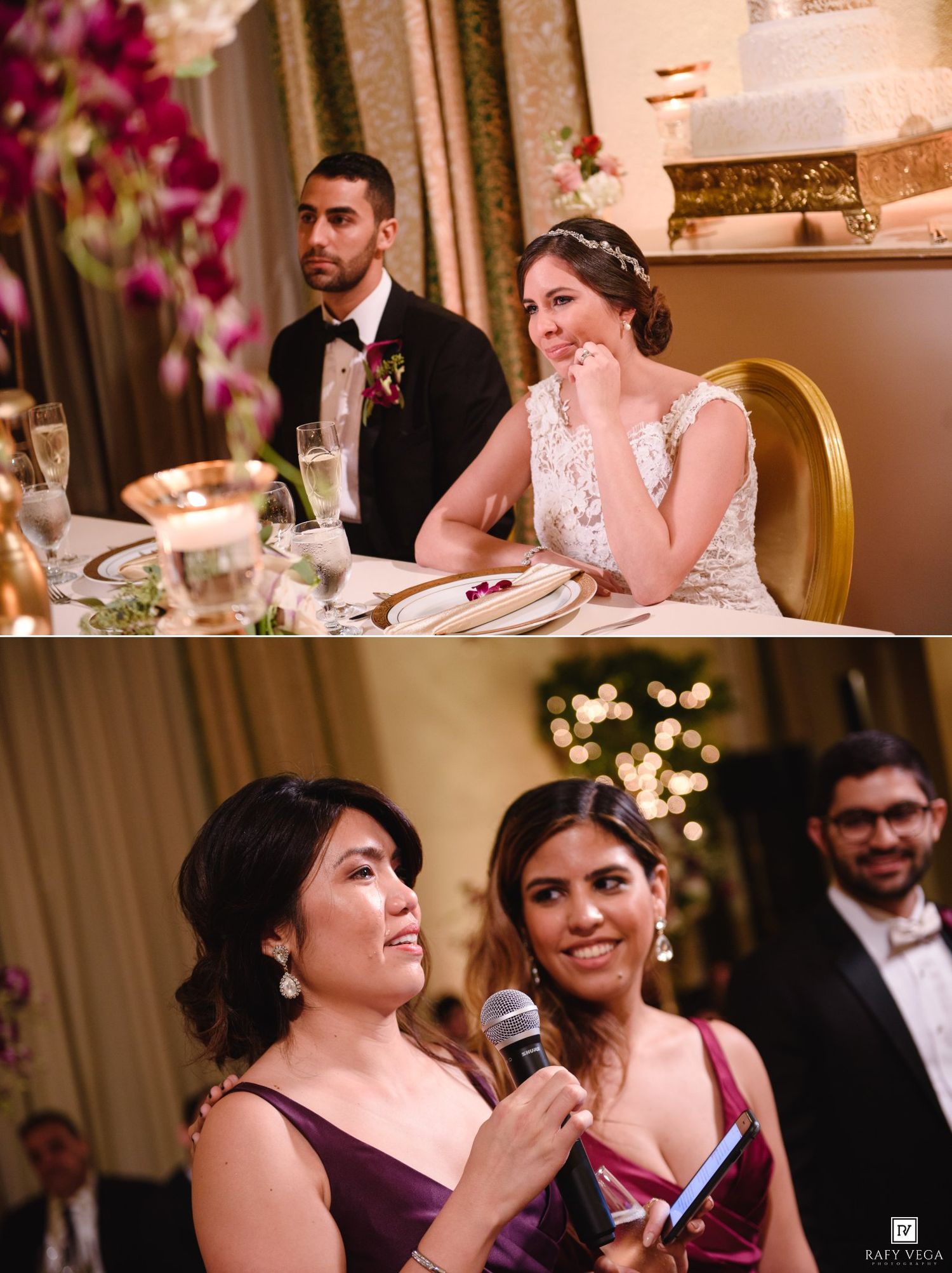 Bride and groom seated at wedding reception table while bridesmaids give a heartfelt toast with microphone.