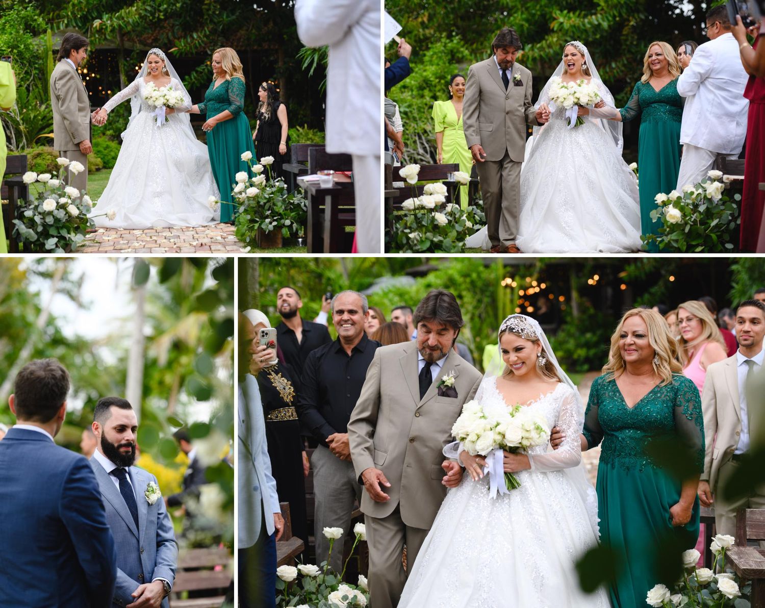 A bride in a white gown walks down a garden aisle with her escort during an elegant outdoor wedding ceremony.