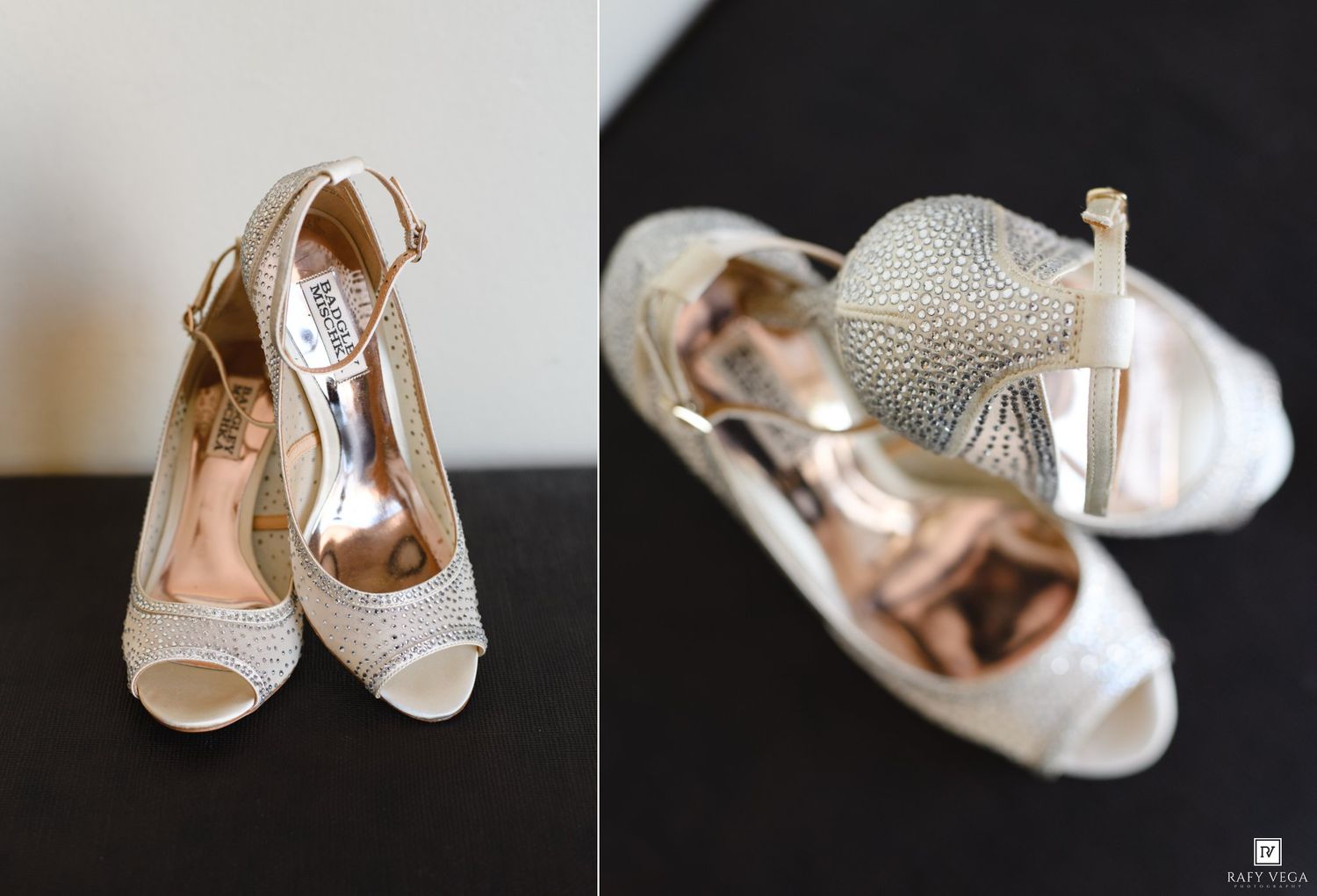Elegant silver Badgley Mischka peep-toe heels displayed alongside crystal-embellished bridal accessories.