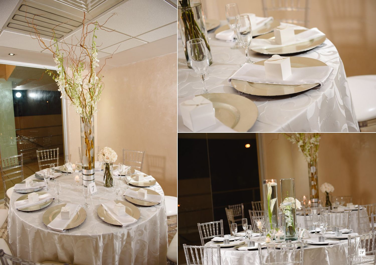 Elegant white wedding reception tables with tall floral centerpieces, silver chiavari chairs, and neatly arranged place settings.