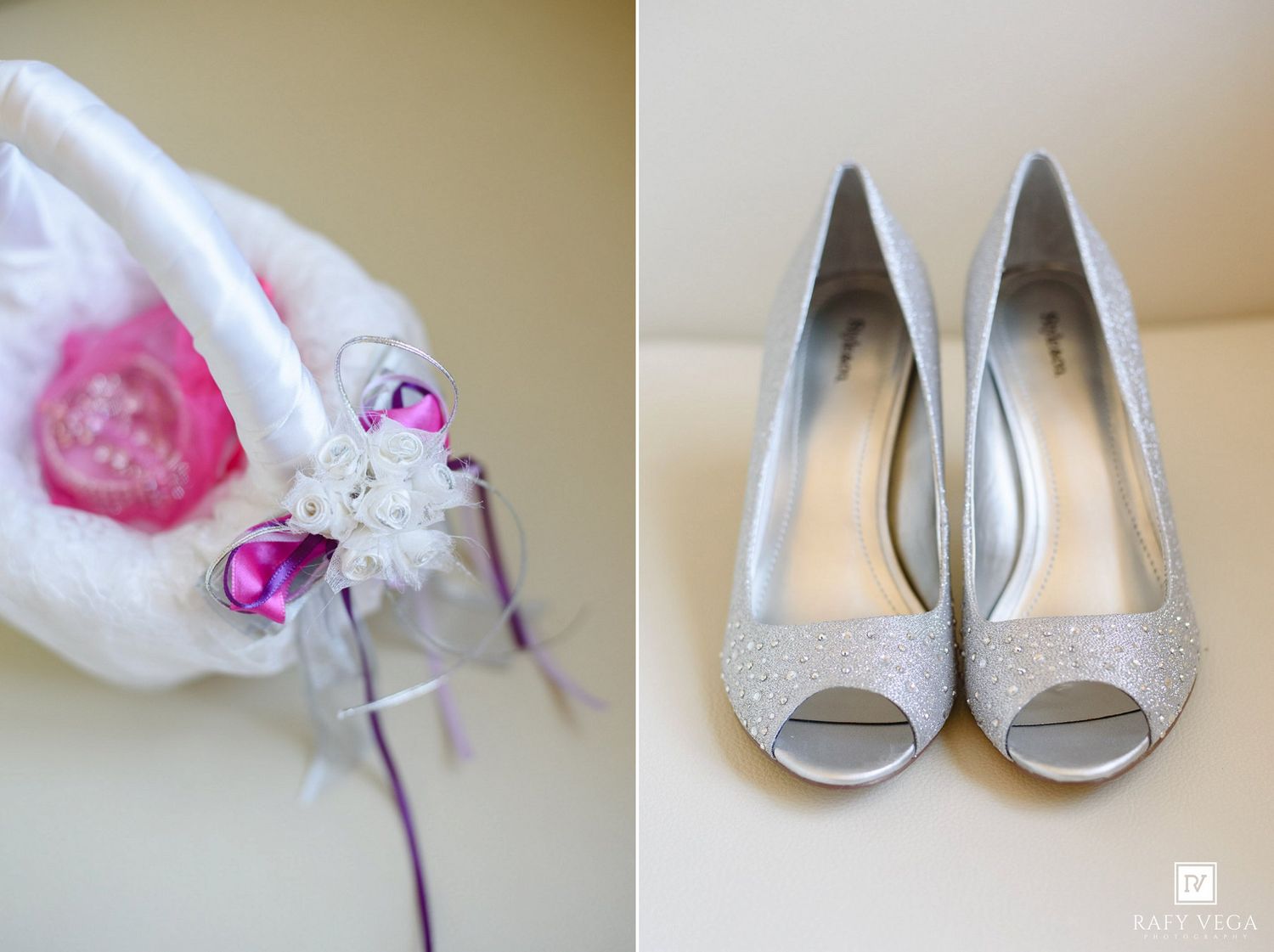 Wedding accessories featuring a floral garter with pink roses and silver glitter peep-toe heels on a white surface.