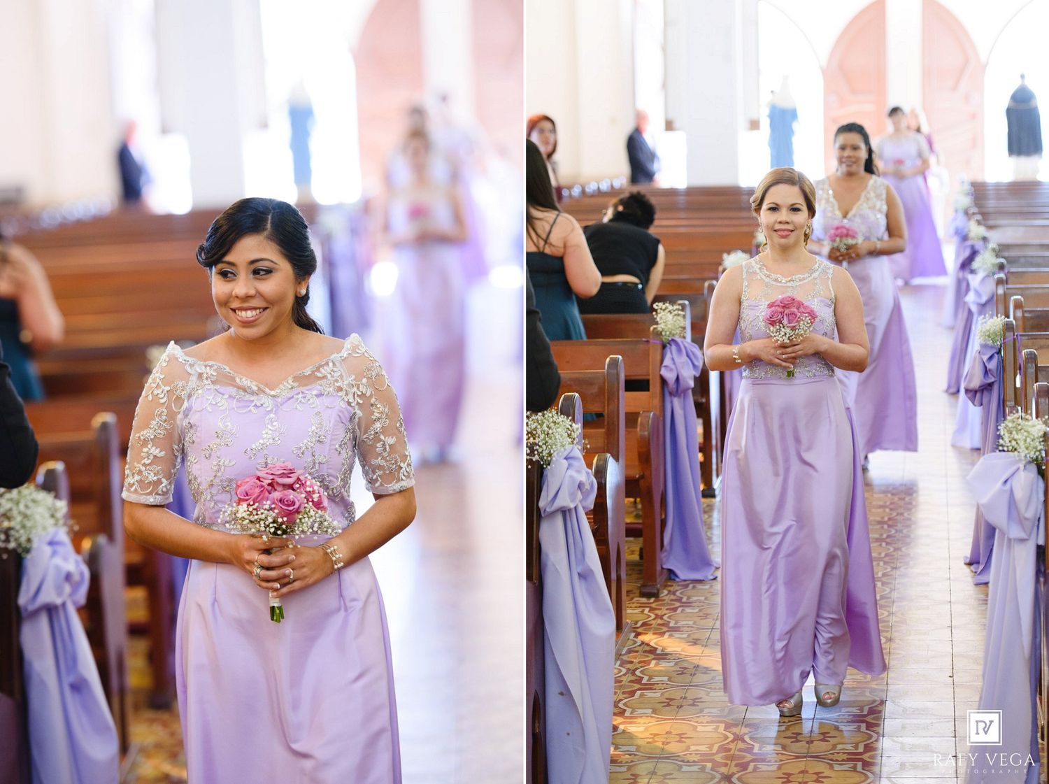 Bridesmaids in lavender dresses walk down a church aisle, holding pink bouquets during a wedding ceremony.