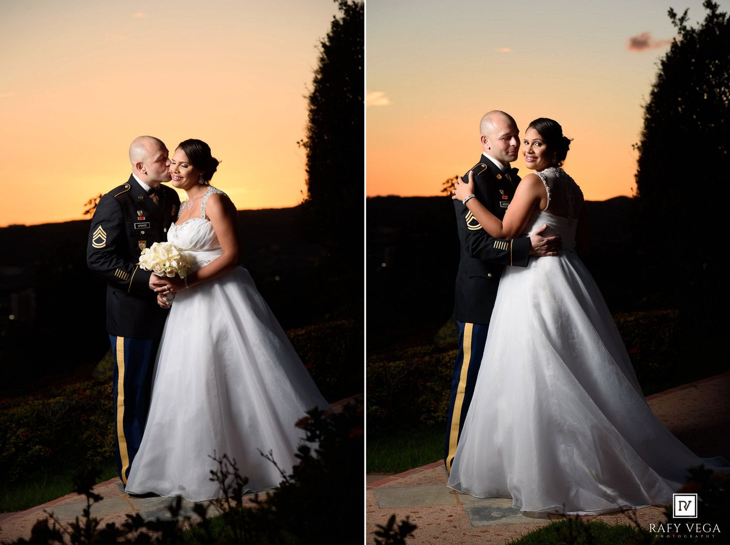 Bride and groom posing romantically at sunset, groom in military dress uniform, bride in white ballgown.