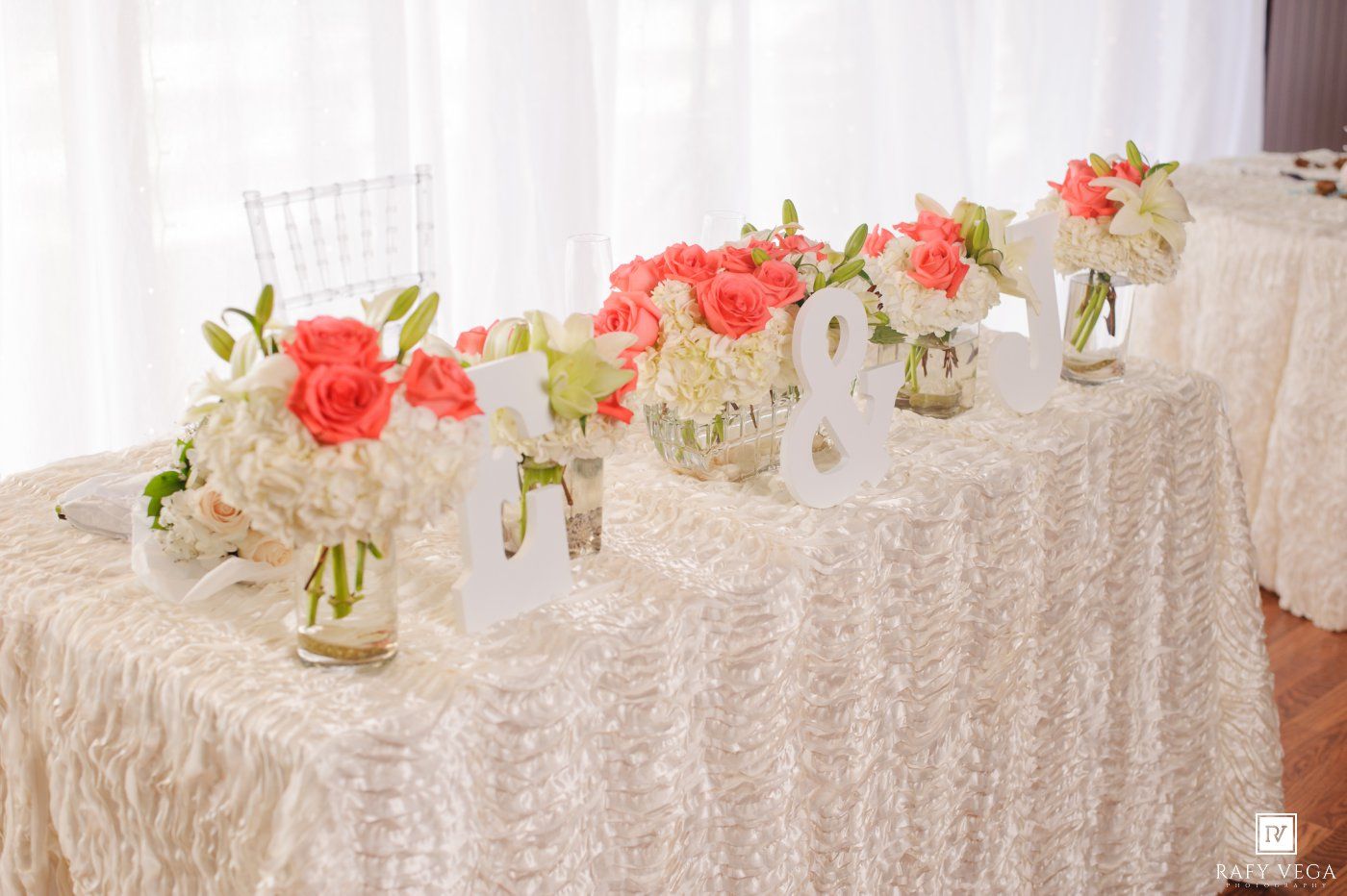 Elegant wedding sweetheart table with coral roses, white hydrangeas, and lace tablecloth decor.