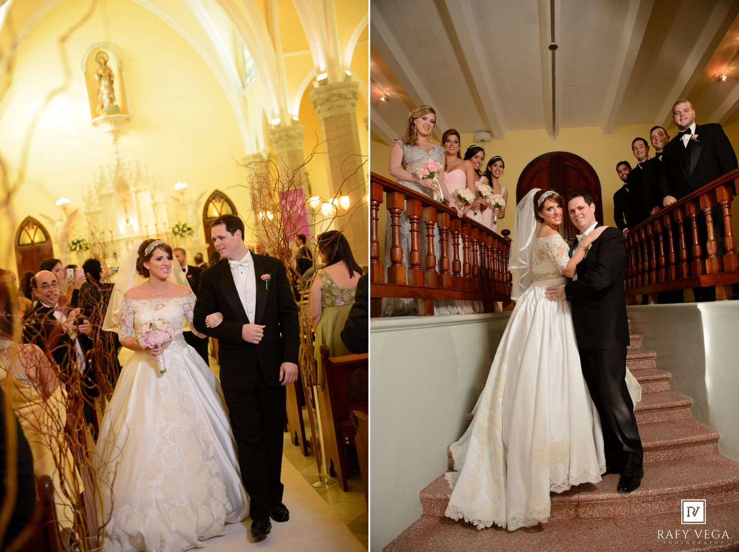 Elegant wedding ceremony with bride in ball gown walking aisle, and couple posing on ornate staircase with bridal party.