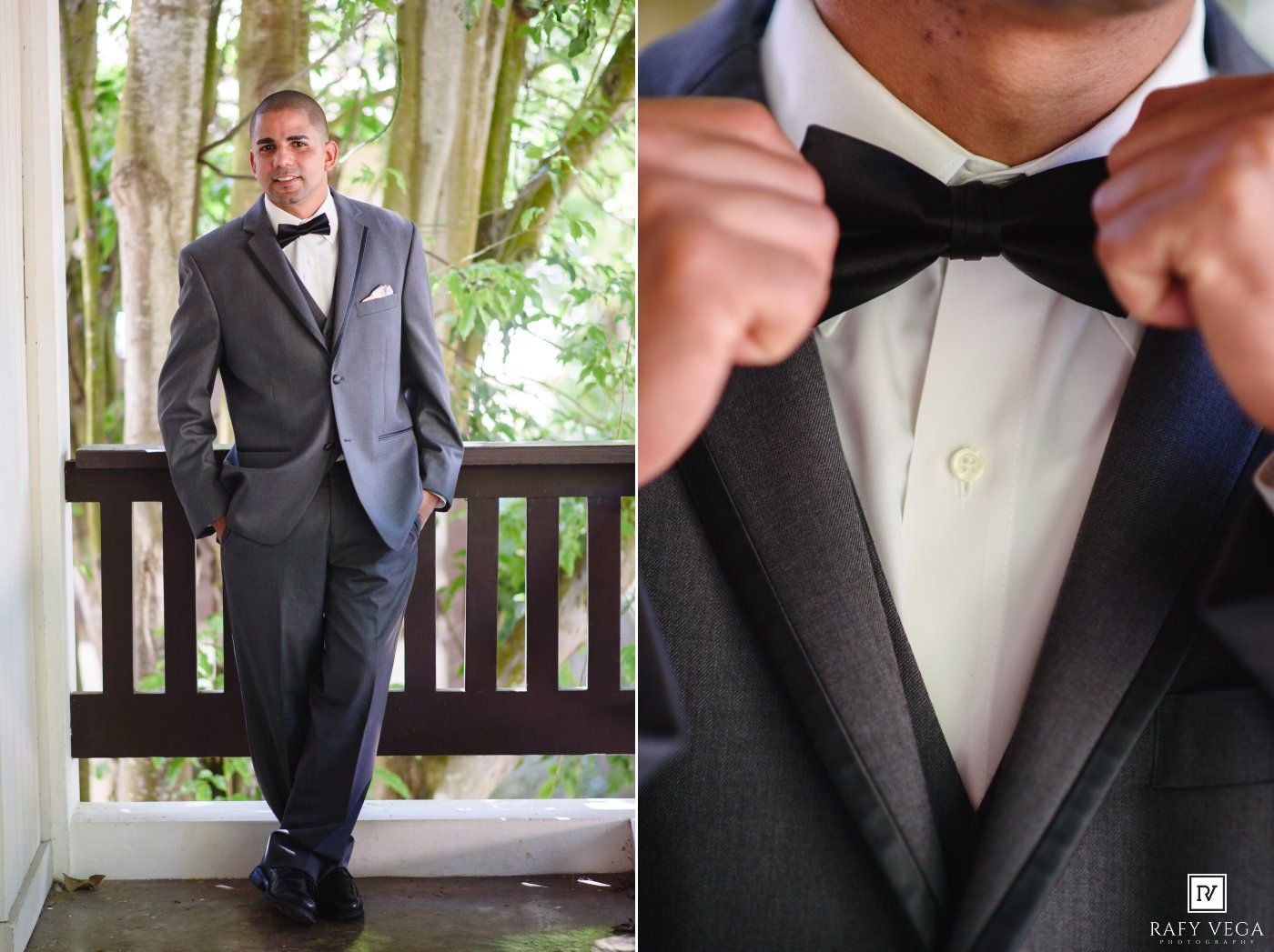 Groom in gray tuxedo adjusting black bow tie, with close-up detail shot of monogrammed shirt button.