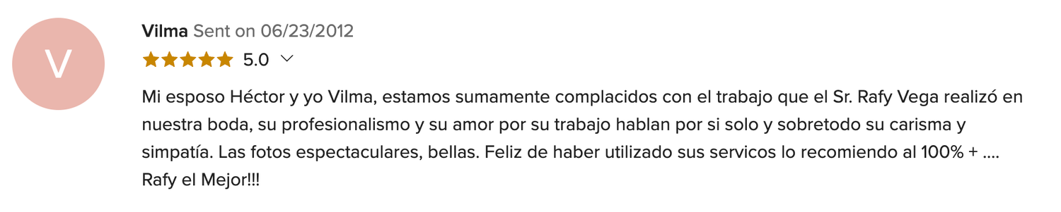 Five-star Google review praising wedding DJ Rafa Vega for professionalism, warmth, and exceptional service.