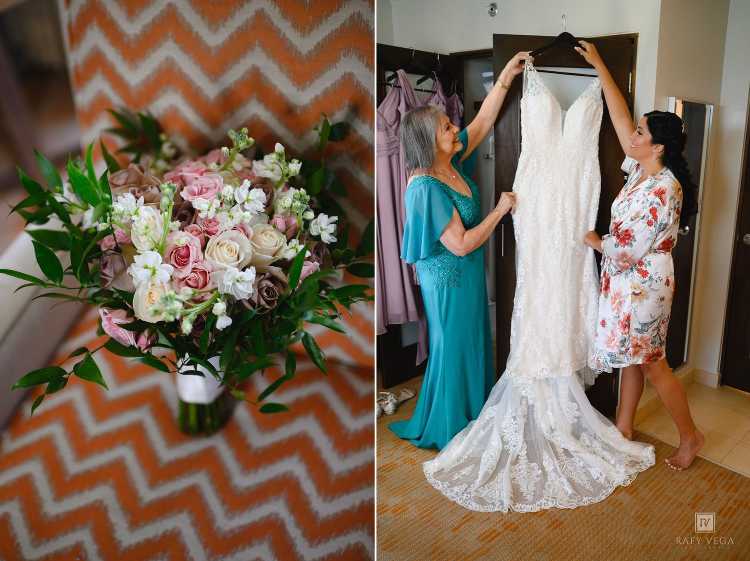 Bridal bouquet of pink and white flowers beside two women in robes admiring a lace wedding gown on a hanger.