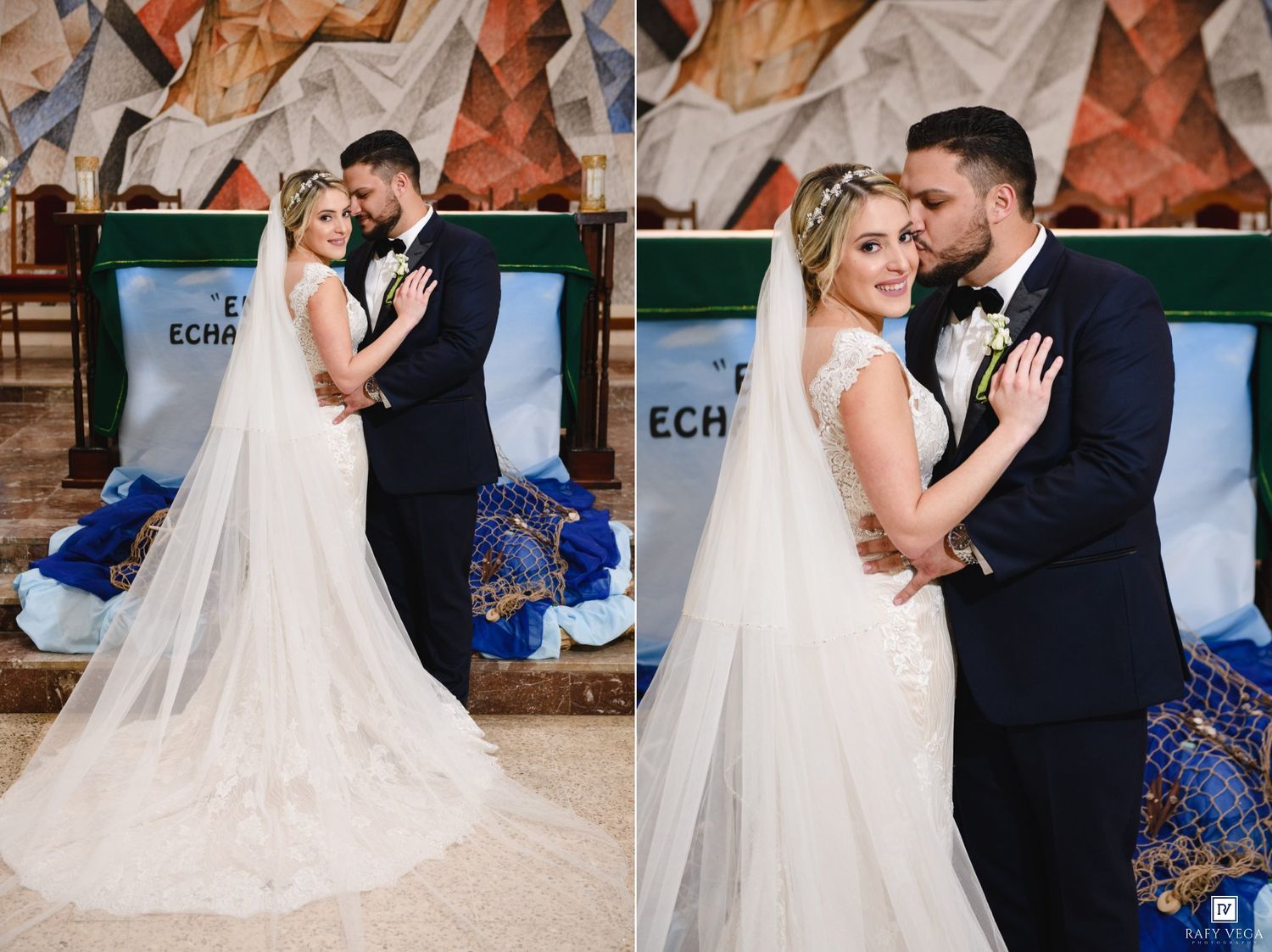 Bride and groom posing together in church after wedding ceremony, bride wearing white gown and veil.