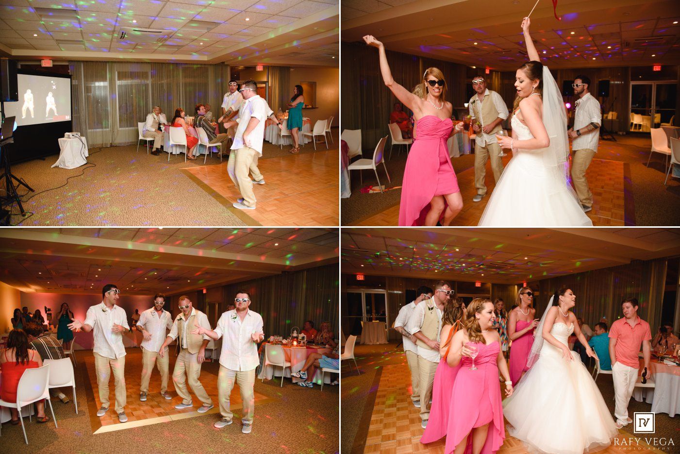 Wedding guests and bridal party celebrate with energetic dancing at colorful reception, bride in white gown joins the fun.