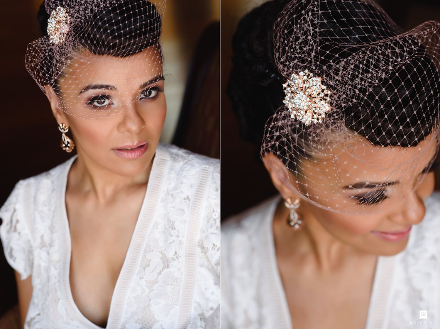 Bride wearing a birdcage veil with pearl hair accessory and drop earrings in a white lace dress, shown in two close-up portraits.