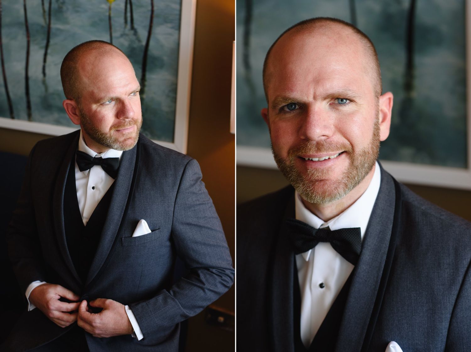 Smiling groom in navy tuxedo with black bow tie and white pocket square adjusting jacket buttons before wedding ceremony.