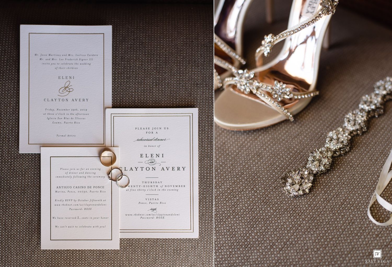 Elegant wedding invitation suite with gold rings, crystal-embellished heels, and a rhinestone belt on a neutral background.