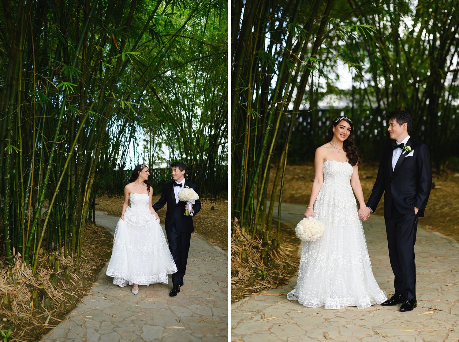 Bride and groom walk hand-in-hand along a serene bamboo-lined pathway on their wedding day.