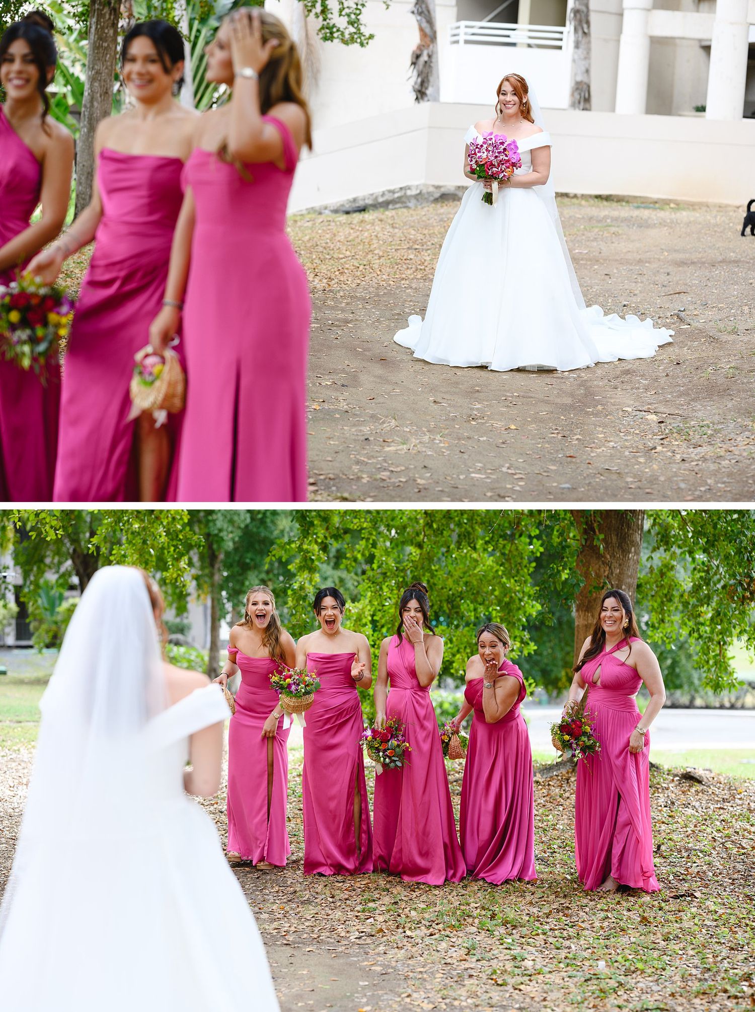 Bride in white gown with bridesmaids in pink dresses during outdoor wedding first look reaction.