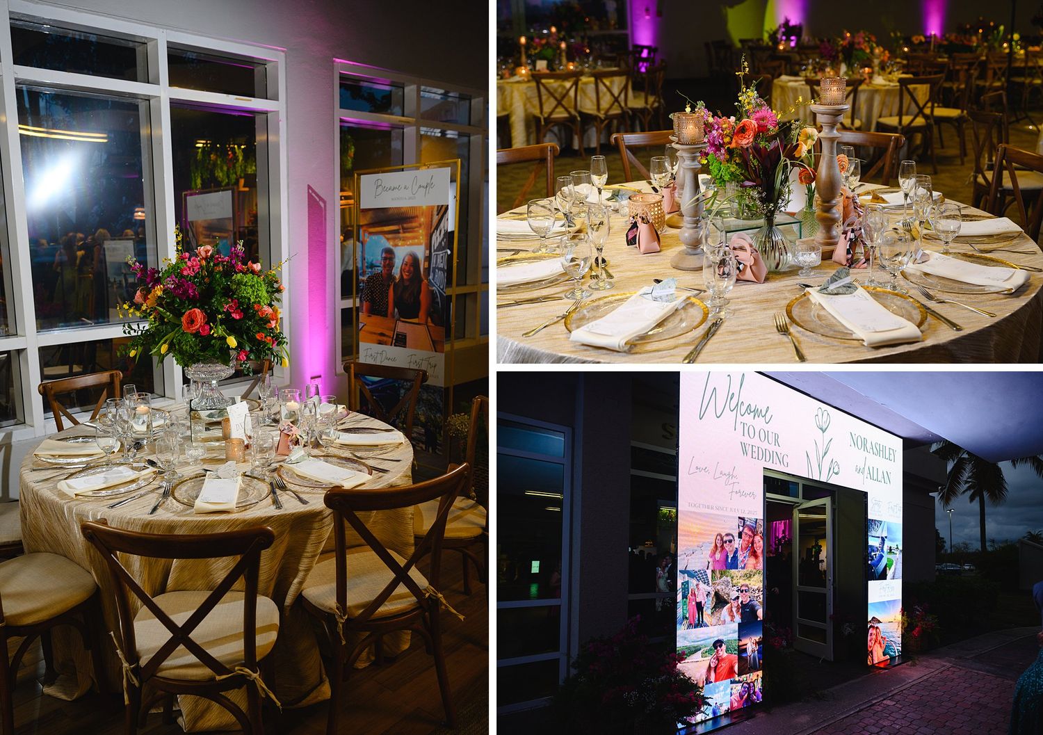 Elegant wedding reception tables with floral centerpieces and a welcome sign display at a tropical venue.
