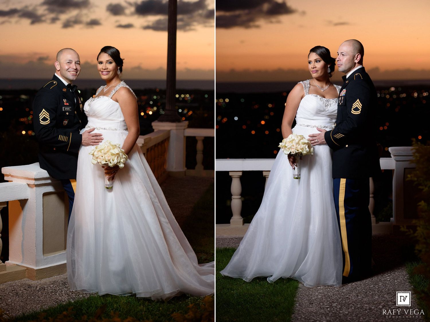 Military groom in dress uniform stands with bride in white ball gown at sunset outdoor wedding ceremony.