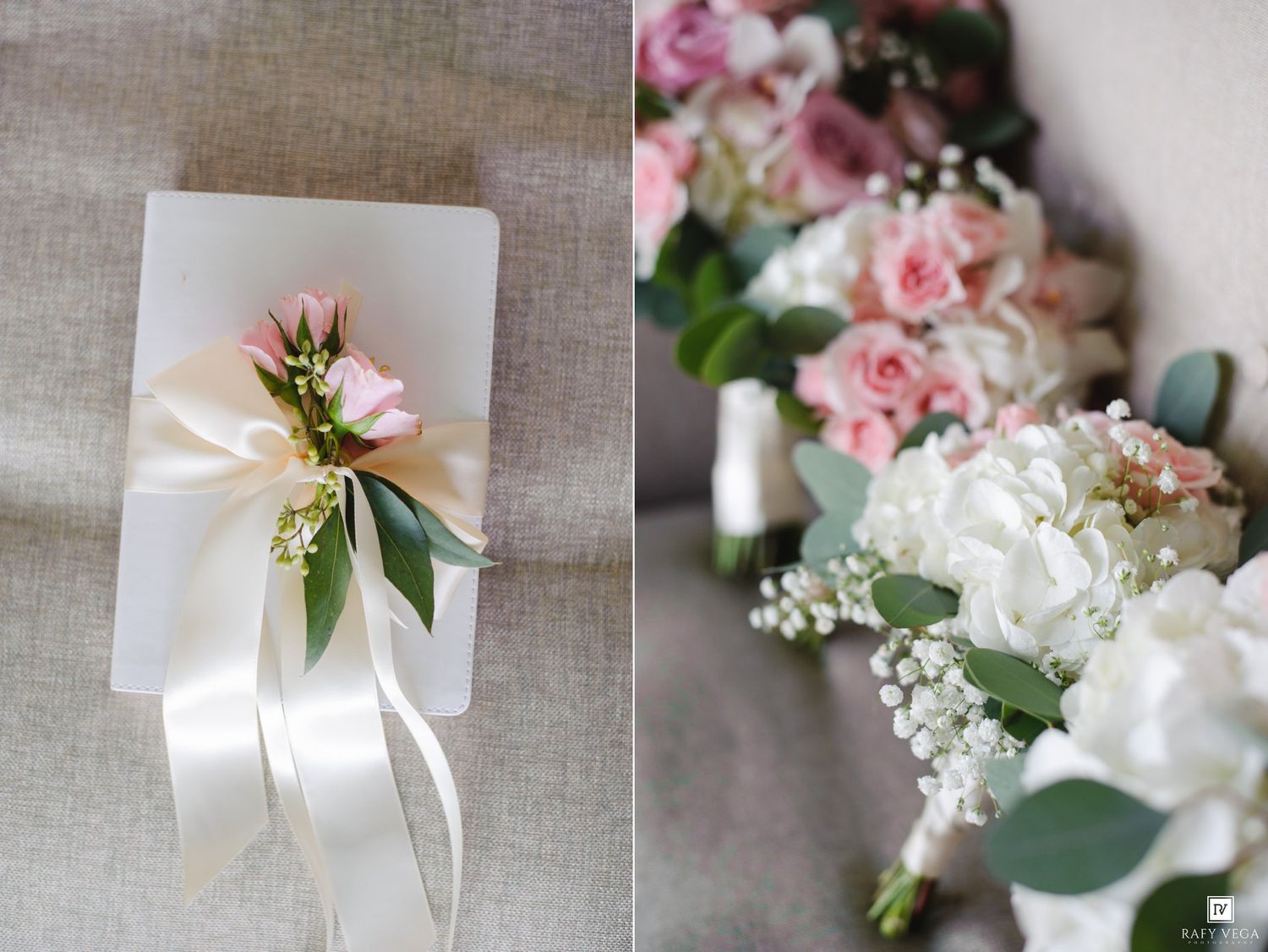 Elegant wedding boutonniere with pink roses and ribbon next to a bridal bouquet of pink roses and white hydrangeas.