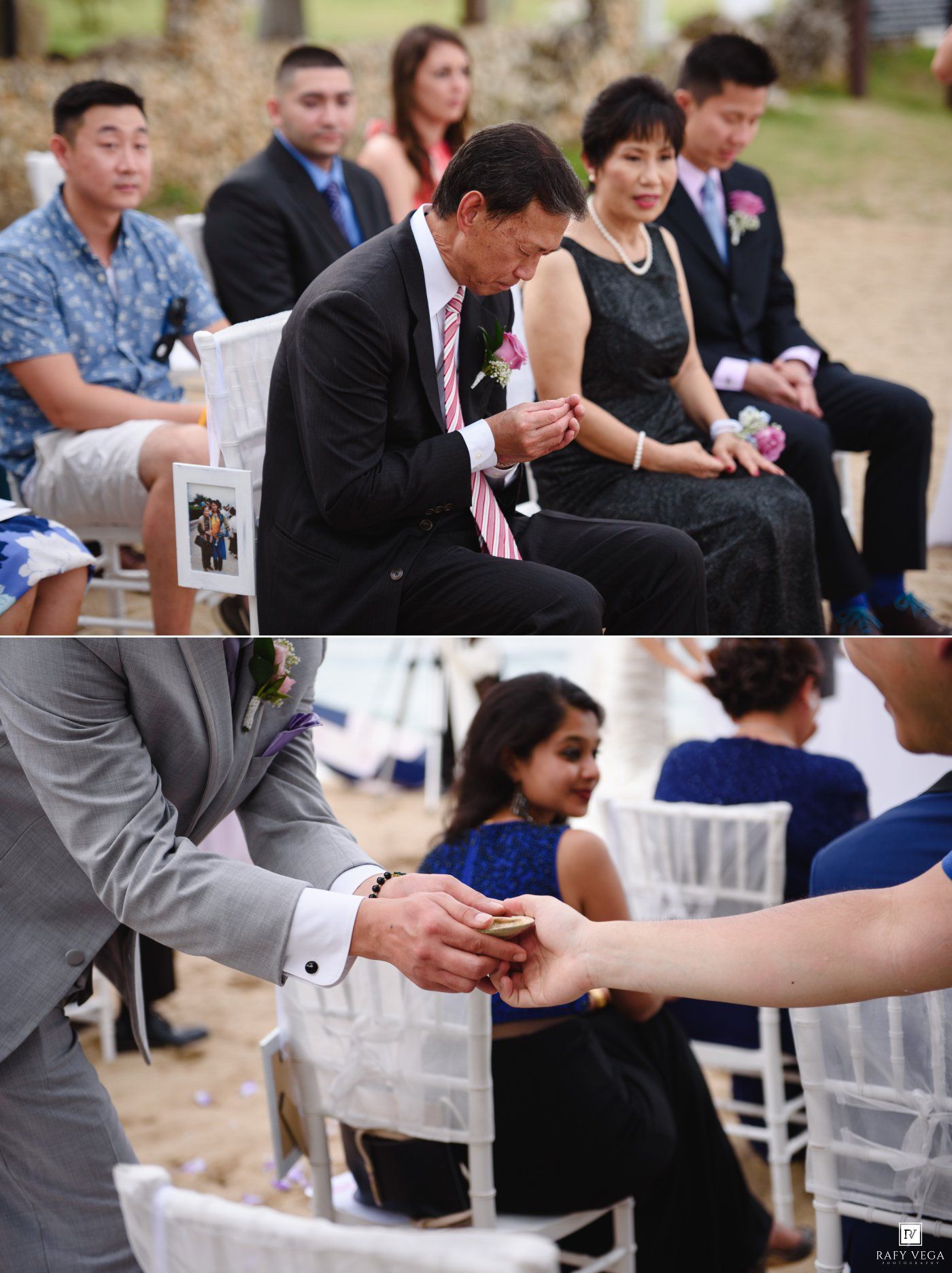 Guests seated at an outdoor wedding ceremony while the groom exchanges rings with his bride during the celebration.