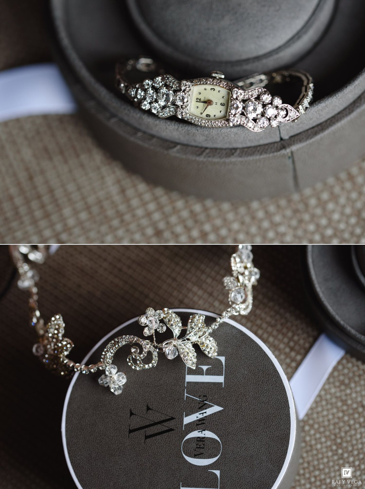 Elegant diamond-encrusted silver bracelet watch displayed in a round gray jewelry box with a Love-themed gift card.