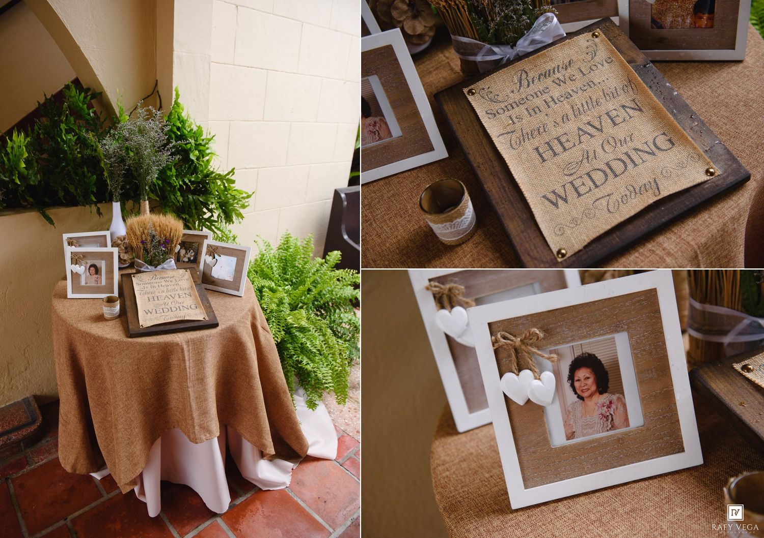 Rustic wedding memorial table with burlap tablecloth, framed photos, greenery, and a heaven sign honoring loved ones.