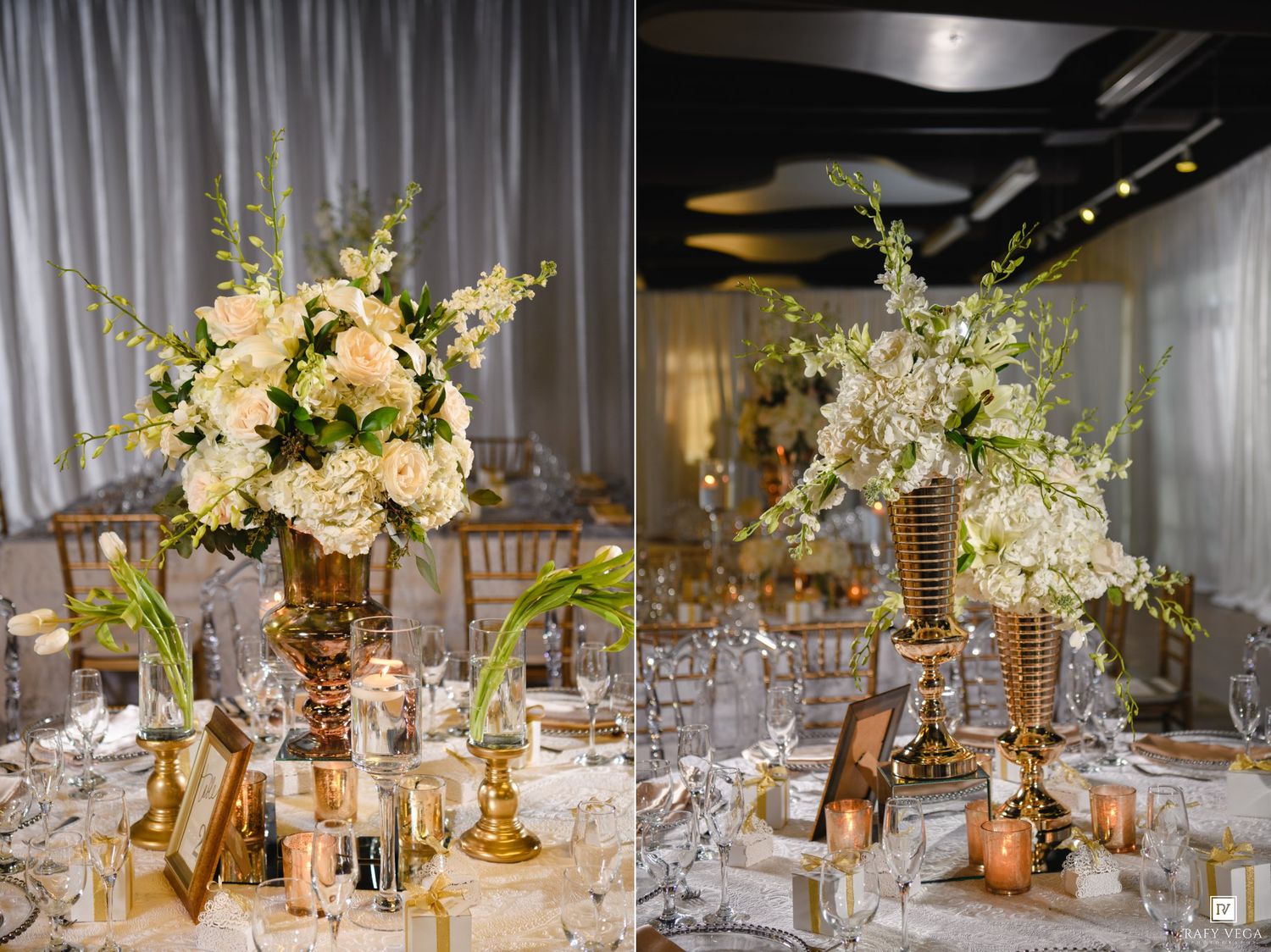 Elegant wedding reception tables with tall gold vases holding white floral arrangements in a draped ballroom.